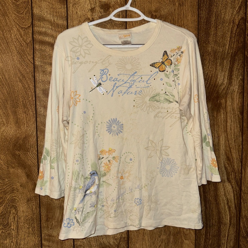 Artisans Women Cream Nature Graphic T-Shirt Bird Butterfly Rhinestone Large